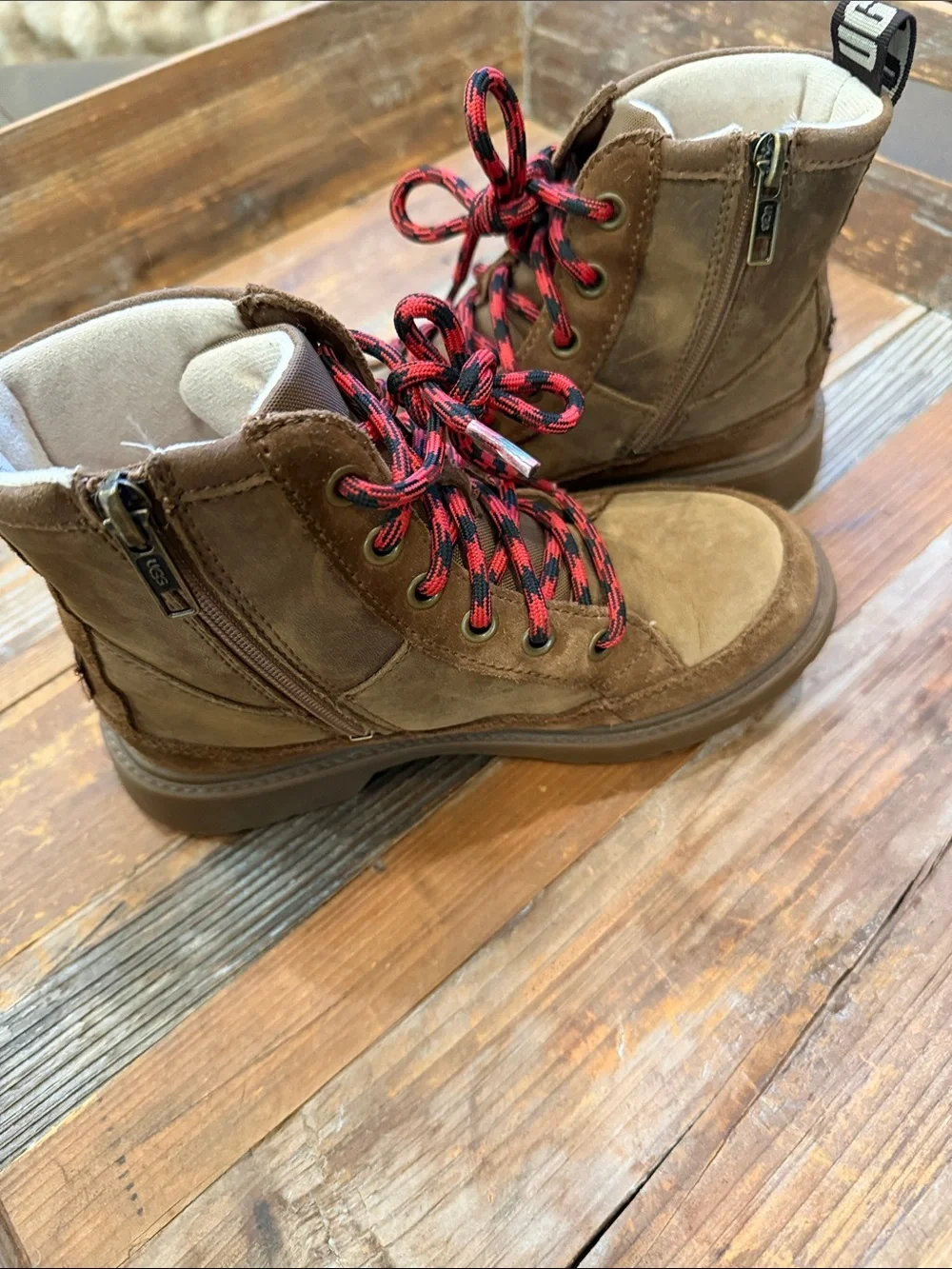 UGG Brown Suede Kids Boots with Red & Black Laces